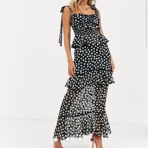 Tiered ruffle Maxi dress with tie shoulder detail in mixed polka print